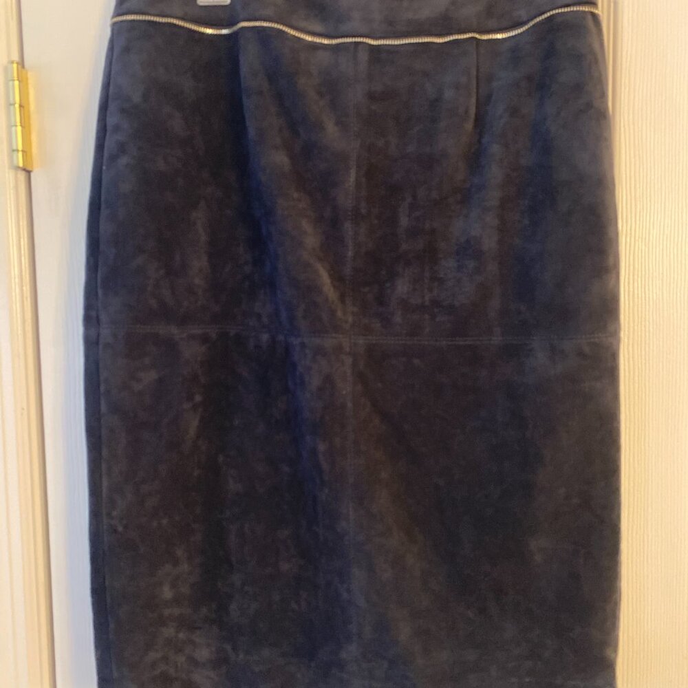 Calvin Klein Skirt Women Faux Suede Blue Zipper Detail Midi Pencil Party Size 10